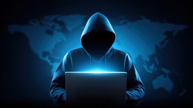 Hooded hacker with laptop and world map background cybercrime data breach online attack anonymous figure