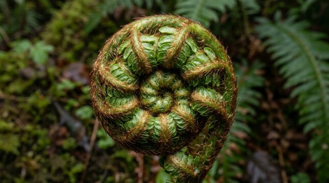Macro View of a Young Fern Fiddlehead Unfurling in the Forest