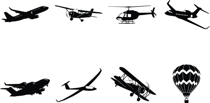 Vector silhouettes of various aircraft including commercial airliner helicopter propeller plane biplane glider and hot air balloon icons