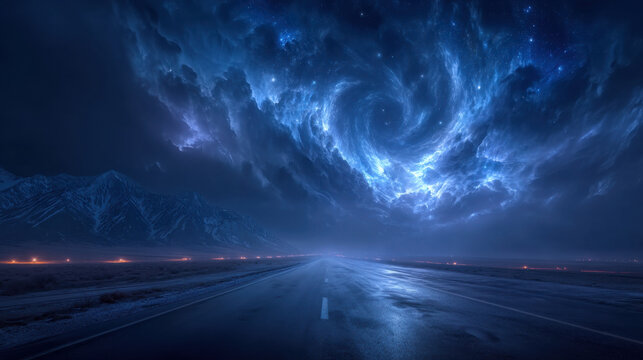 Night highway under blue sky wet road empty road dramatic cloud mountain silhouette twilight storm cloud reflection blue light vanishing point