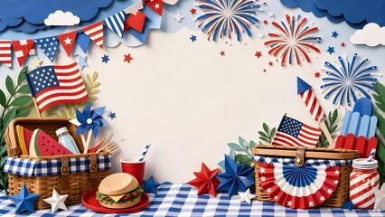 Obraz premium Picnic Wicker Baskets with Burger and Watermelon Slice on Plaid Tablecloth for Fourth of July Festive Border, Patriotic USA Independence Day Celebration Banner, and Papercut Background