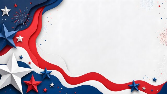 Abstract Red White and Blue Wavy Ribbons with 3D Stars for USA Independence Day Festive Background, Patriotic Celebration Greeting Border, and Papercut Layered Artwork