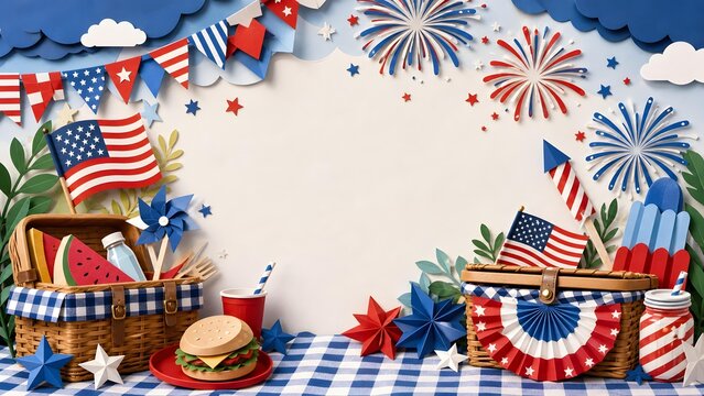 Picnic Wicker Baskets with Burger and Watermelon Slice on Plaid Tablecloth for Fourth of July Festive Border, Patriotic USA Independence Day Celebration Banner, and Papercut Background