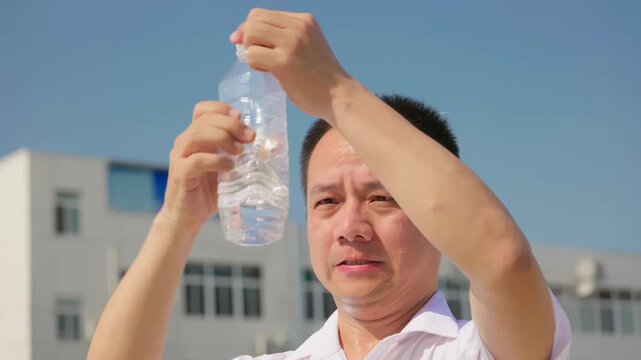 Sweating profusely in the heat, a man gulps down a whole bottle of water at once.