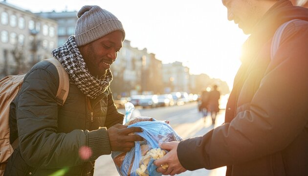 Man receiving a bag of food from a volunteer on a sunny city street