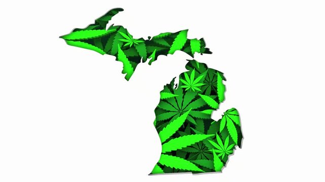 Michigan MI Map Marijuana Pot Leaves State Law CBD THC Pot Cannabis 3d Animation