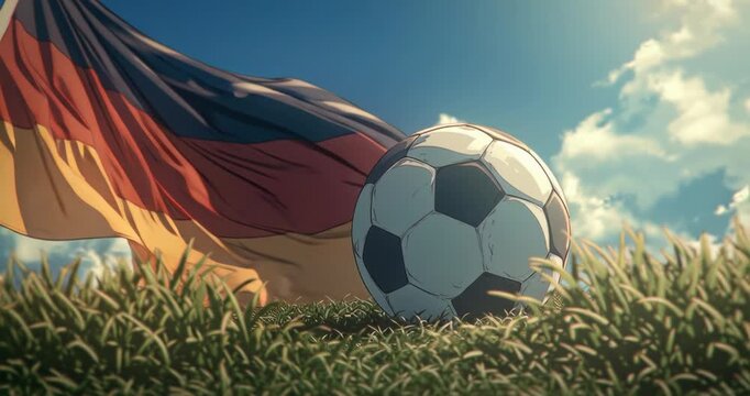 anime style Close-up of a soccer ball on grass with a waving German flag in the background during sunset.