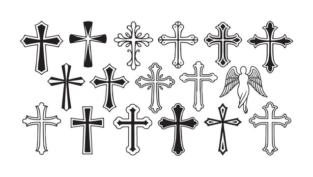 Christian cross collection including angel silhouette and decorative spiritual art vector.
