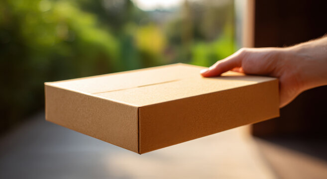 Cardboard box hand holding brown box parcel box package box shipping box delivery box closeup box plain box cardboard package