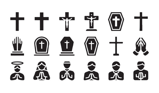 Religious symbol collection featuring various crosses, coffins, and praying people illustrations.
