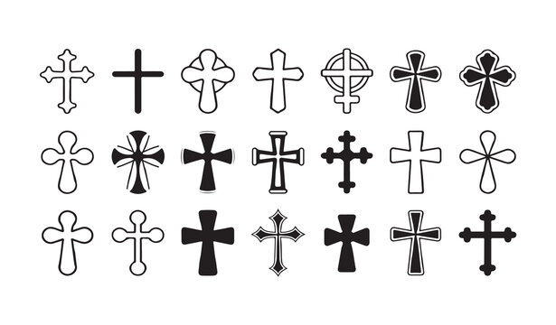 Set of various cross icons in both solid and outline styles for religious design.
