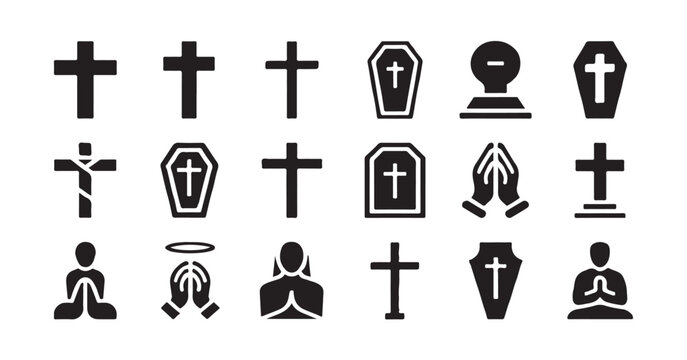 Assortment of religious and funerary icons featuring crosses, coffins, and praying people.