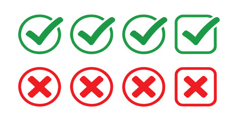 Collection of green check mark and red x mark icons, various styles in circles and squares. © MdRony