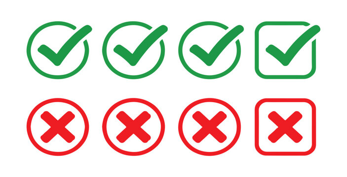 Collection of green check mark and red x mark icons, various styles in circles and squares.