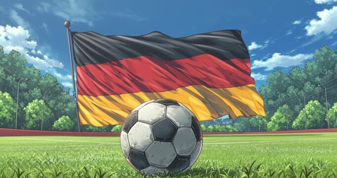 anime style Soccer ball on grass field with German flag waving in the background under blue sky.