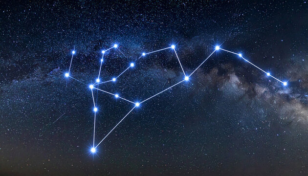Orion Constellation Illuminated: A brilliant depiction of the Orion constellation shines brightly against the vast expanse of the Milky Way galaxy, its stars forming a celestial map in the night sky.