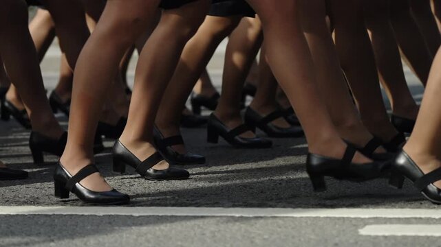 Synchronized march of uniformed participants in black dress shoes stepping in tight formation along a city street, then the roadway stands quiet and empty after procession passes