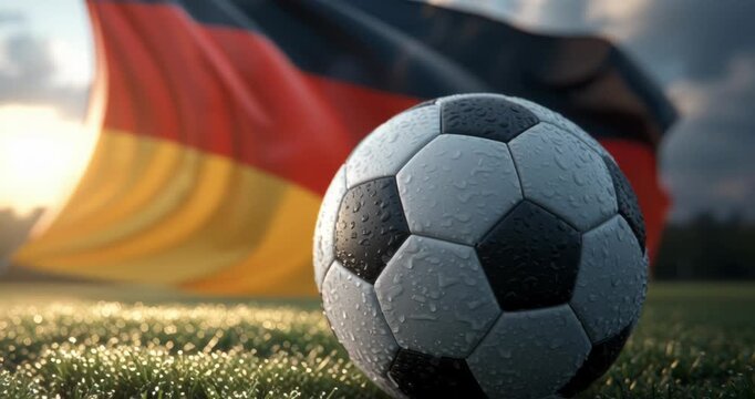 Close-up of a soccer ball on grass with a waving German flag in the background.