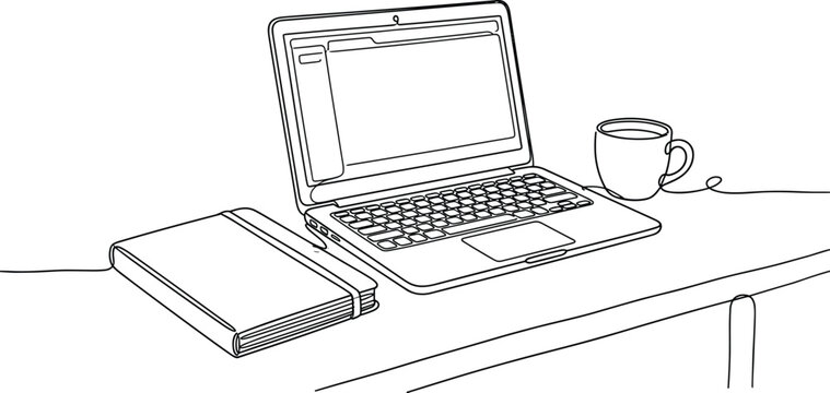 Minimalist continuous line drawing of a laptop with a notebook and a coffee mug on a desk.