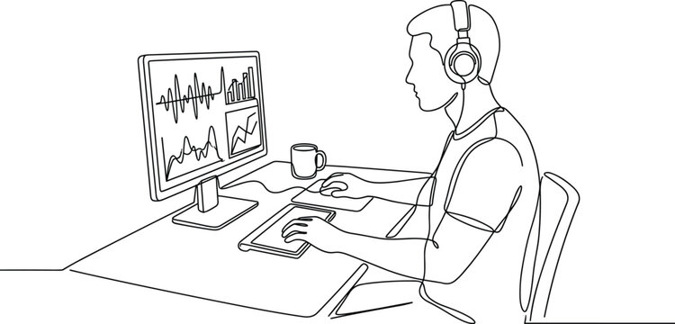 Continuous line drawing of a man working on a computer.