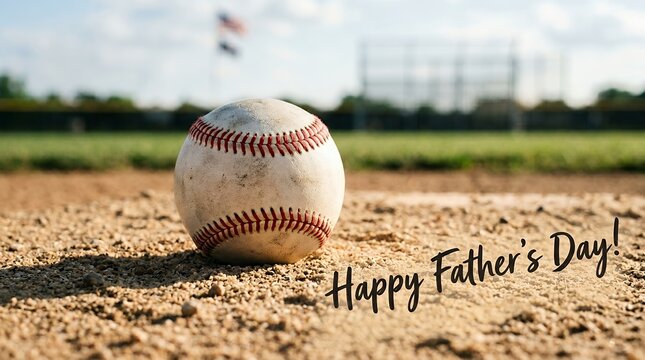 A worn white baseball with red stitching sits on the infield dirt of a professional stadium field during the day with the text Happy Father Day written in cursive script beside the ball