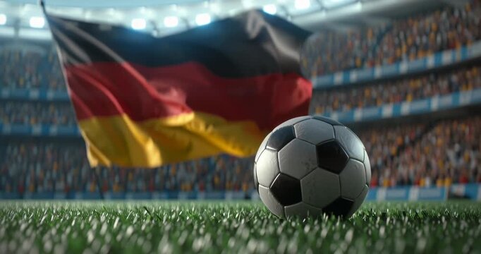 Close-up of a soccer ball on grass with a waving German flag in a crowded stadium.