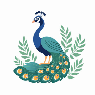 Stylized Peacock with Feathers and Leaves