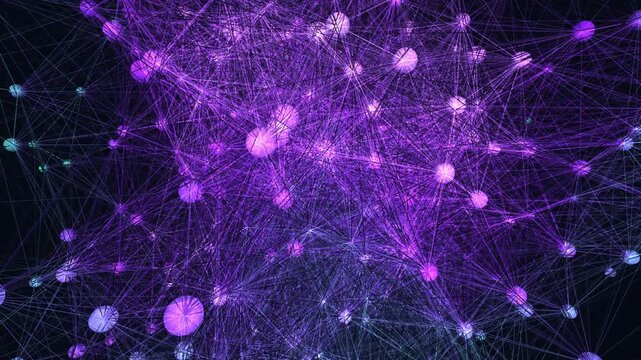 Abstract 3D neural network of glowing glitch synaptic nodes firing and connecting in a seamless plexus loop. Perfect for AI and machine-learning concepts, data visualization, technology and VJ 