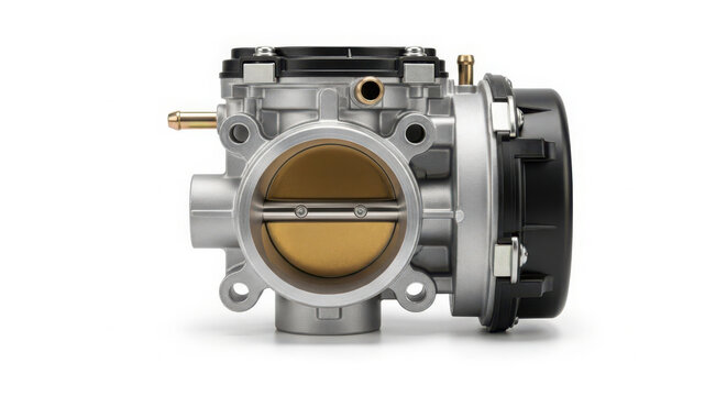 Close up studio photograph of an automotive throttle body assembly showing the metallic intake valve and black plastic housing components