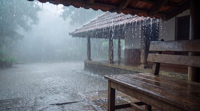 Heavy monsoon downpour over a traditional Kerala house courtyard with a wooden bench on a wet verandah, rainy season concept
