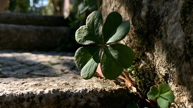 A four leaf clover flourishes beside a stone step in a sun dd garden, representing luck and the beauty of nature's resilience.