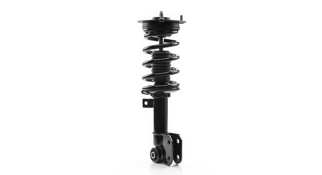 This professional studio photograph displays a black automotive shock absorber strut assembly designed for modern vehicle suspension and performance maintenance