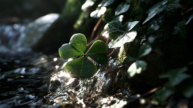 A vibrant green shamrock leaf with water droplets rests on a mossy rock beside a clear stream illuminated by dd sunlight in the forest.