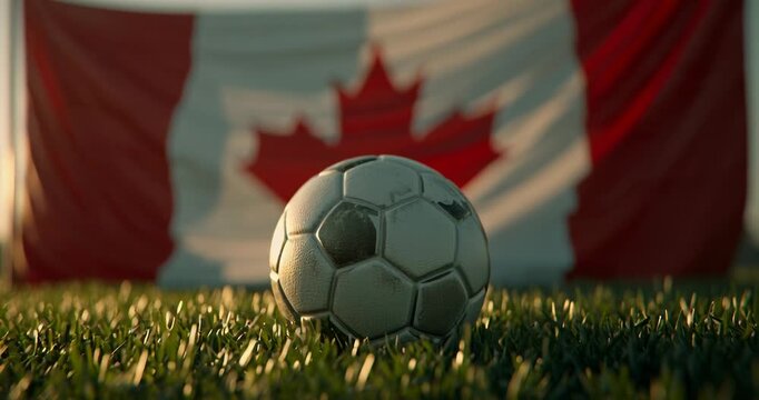 Soccer ball on grass field with Canadian flag in background during sunset.