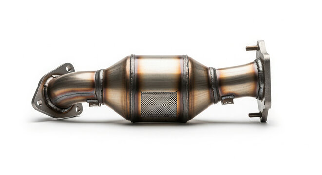 This professional studio photograph displays a high quality stainless steel catalytic converter designed for modern vehicle exhaust system performance upgrades