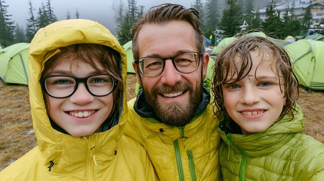 A happy father and his two sons smiling and embracing while standing in a camping area full of tents in the great outdoors environment.