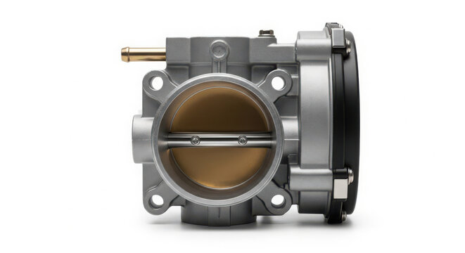 Metallic automotive throttle body component for fuel injection systems captured in a sharp studio photograph showing precise internal metal engineering