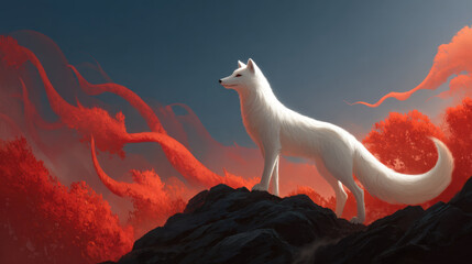 Naklejka premium White fox on mountain peak fantasy animal red forest dramatic sky long tail mystical scene digital illustration ethereal light