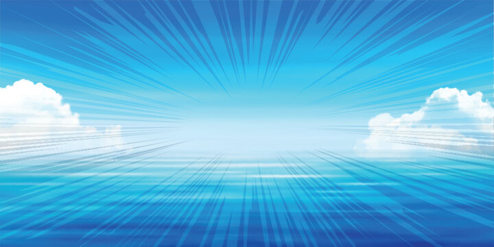 Bright summer sky and blue ocean background with comic speed lines