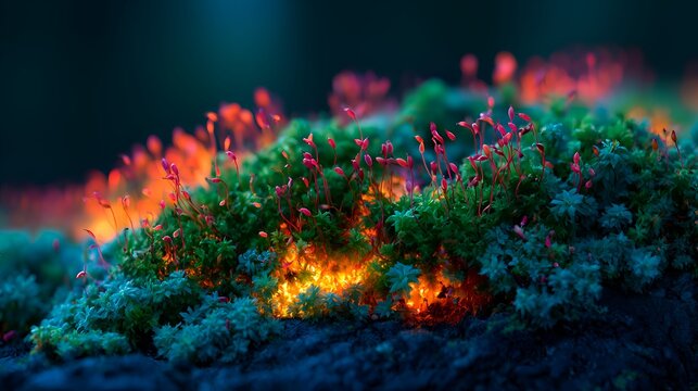A vibrant patch of moss with small red flowers glows with a magical light in the undergrowth of a mysterious forest environment at night.