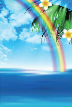 Tropical blue sea background with rainbow and palm leaves