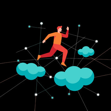 Man running on clouds connected by digital network, abstract illustration of technology and progress