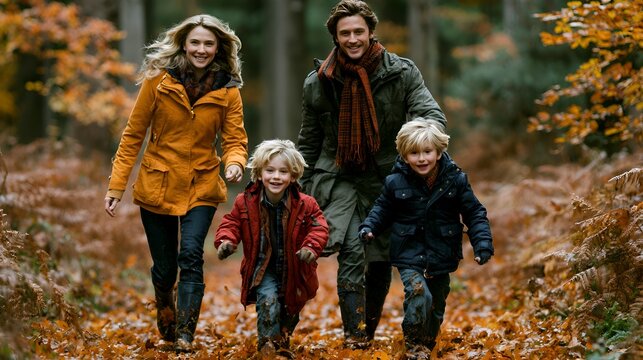 A happy family with two young sons enjoying a walk together through a beautiful autumn forest with colorful fallen leaves on the ground.