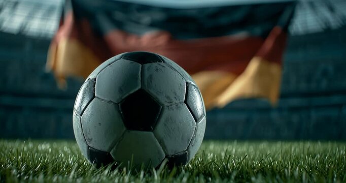 Classic black and white soccer ball on grass field with blurred German flag in background.