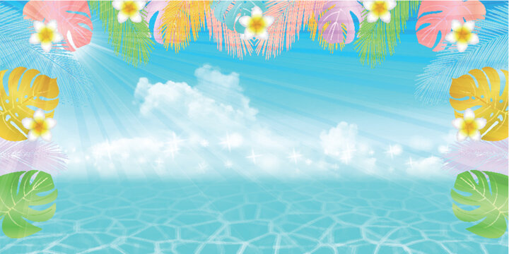 Tropical Summer Beach Background with Water Caustics and Monstera Leaves
