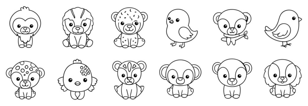 Cute cartoon animal illustrations for kids coloring book