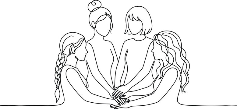 Continuous line drawing of women joining hands together.