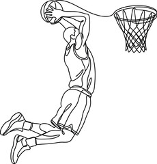 Continuous line art of a basketball player performing a slam dunk. © buggy