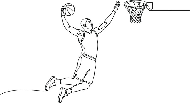 Continuous single line drawing of a basketball player dunking a ball.