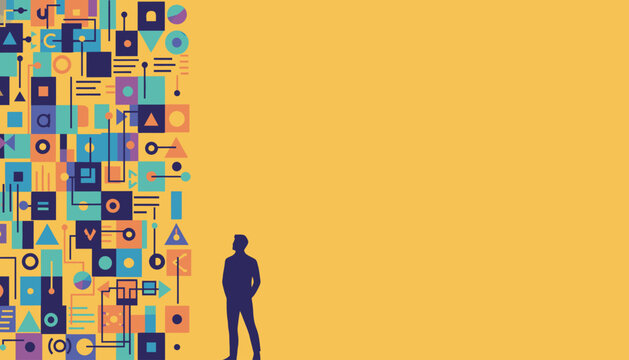 Silhouette of a person looking at a colorful abstract pattern of geometric shapes and lines on a yellow background